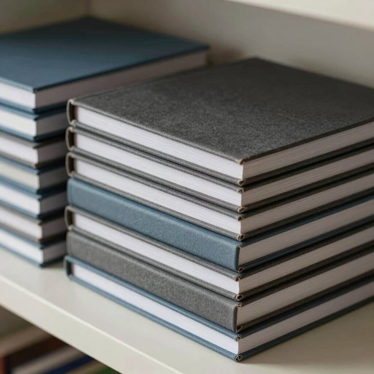 An organized stack of professional journals with charcoal grey and muted slate blue covers on a soft off-white shelf.