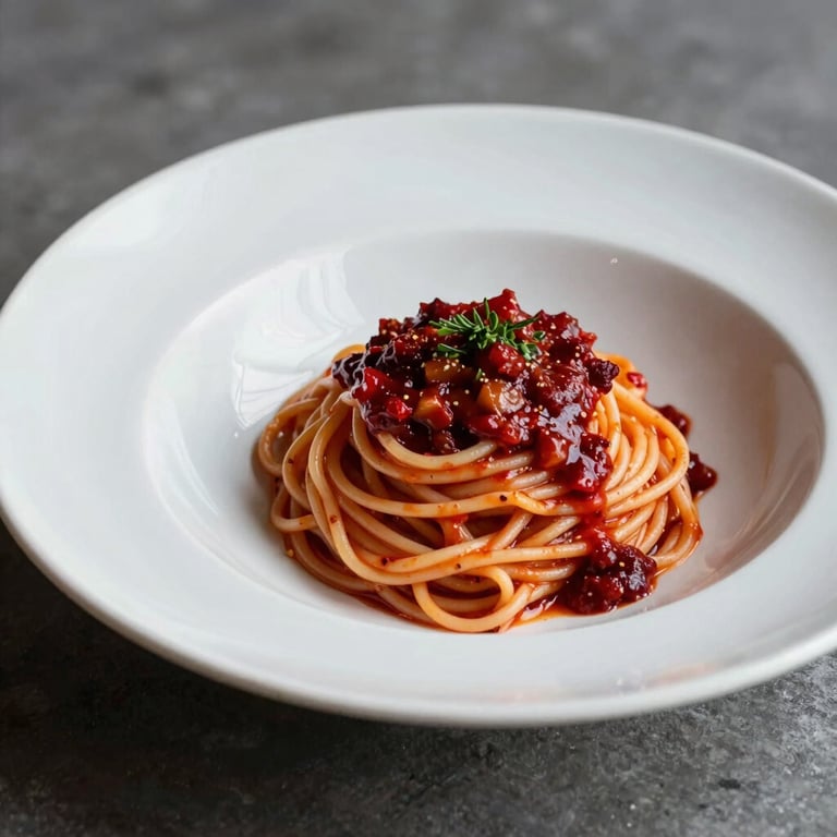 A gourmet pasta dish with a vibrant Deep Ripe Crimson sauce served on a handcrafted ceramic plate, minimalist composition.