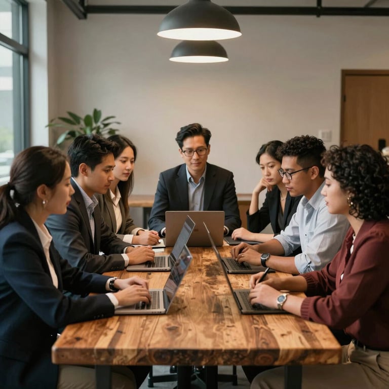 A diverse group of Western / North American marketing professionals collaborating around a rustic wooden table in a warm, sophisticated agency space.