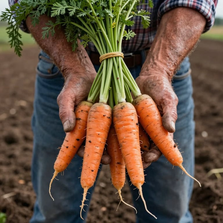 A close-up shot of a Western / North American farmer’s weathered hands holding a bunch of freshly harvested organic carrots against a backdrop of rich soil.