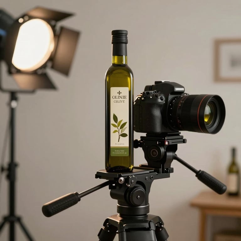 A professional camera on a tripod focused on a bottle of small-batch olive oil in a studio with soft, professional lighting.