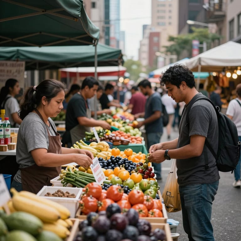 A modern, bustling open-air food market in a Western / North American city with vendors displaying colorful artisanal produce.