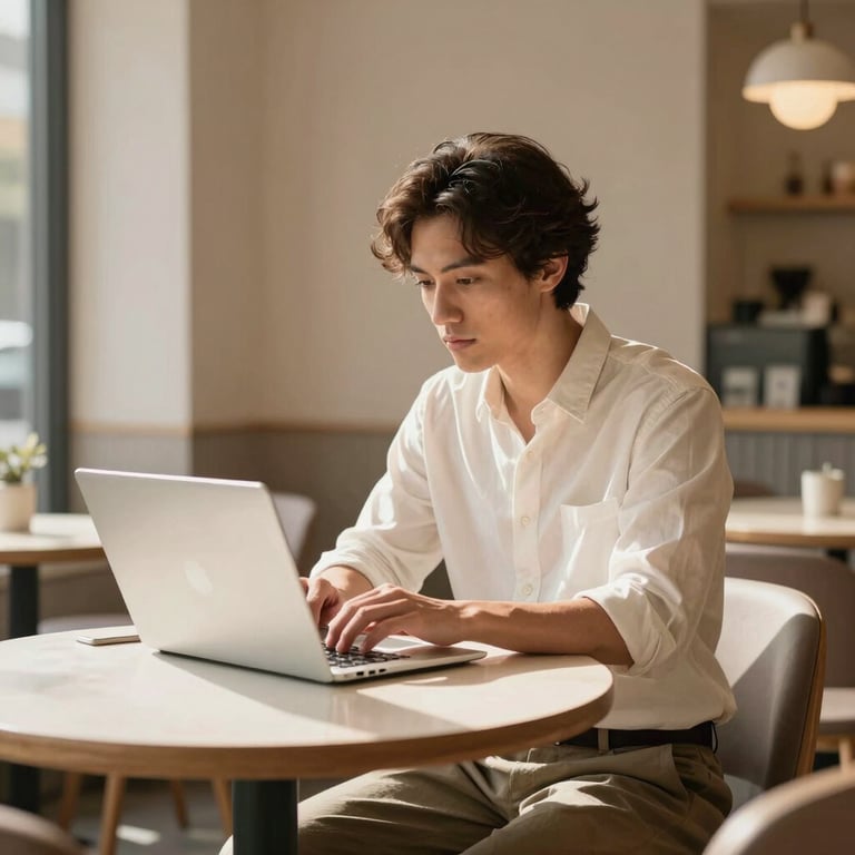 A social media strategist working on a laptop in a sun-drenched, Crisp Parchment toned cafe with a clean, Scandinavian aesthetic.
