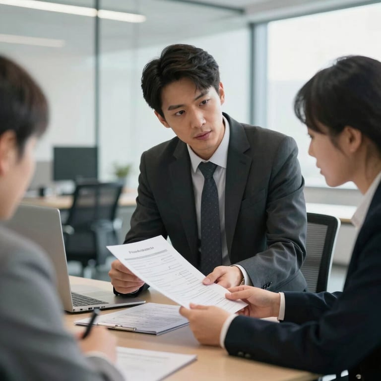 A meeting between consultants and a client, looking over technical documents in a bright, modern office space.