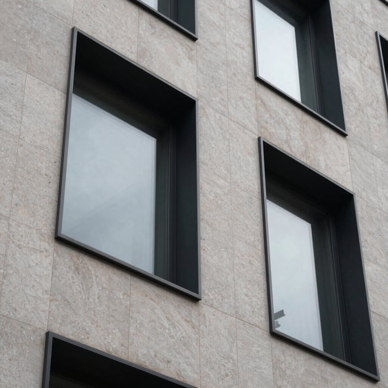 Close-up of a modern building facade showing technical precision in the window fittings and masonry.