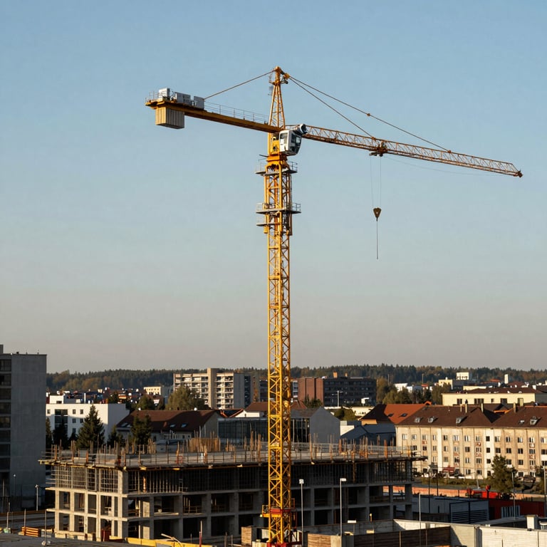 A wide shot of a construction crane against a clear sky over a developing urban area in Slovakia.