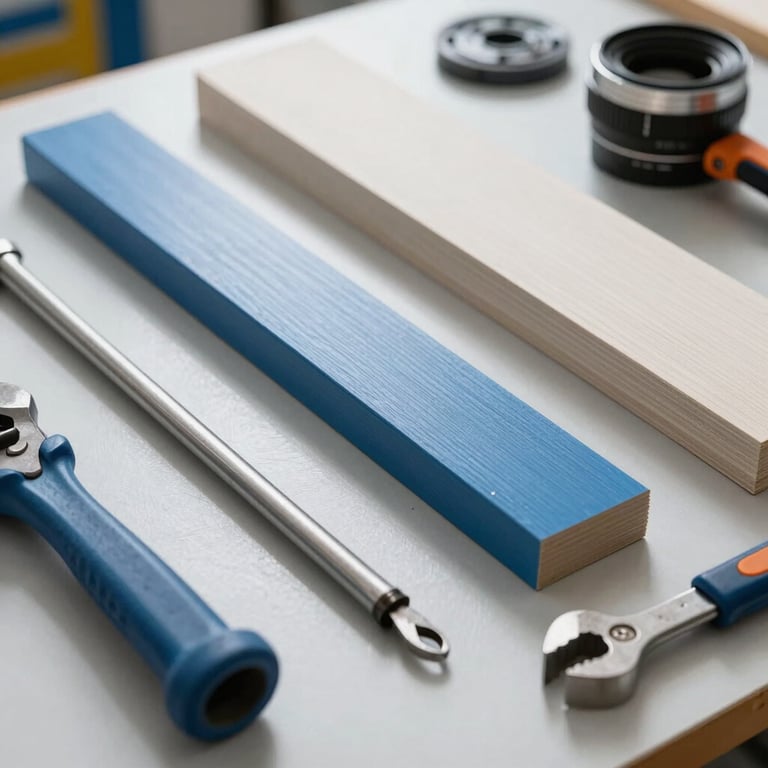 A detailed shot of high-quality construction materials and tools laid out on a clean workbench, featuring shades of steel blue and off-white.