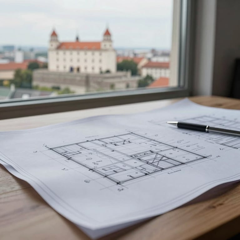 Architectural blueprints spread across a table with a view of the Bratislava skyline in the background through a window.