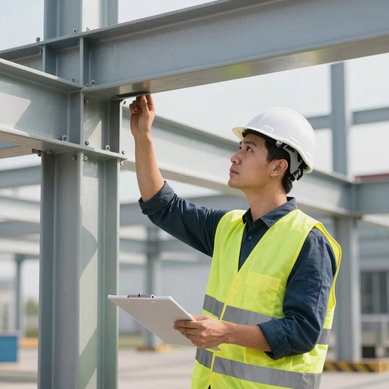 A professional engineer in a safety vest inspecting a structural beam in a Central European commercial building.