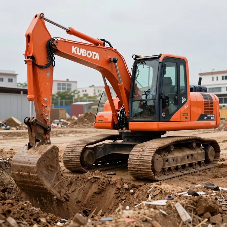 Kubota mini excavator digging a trench in an urban setting, clean machine, bright orange accents.