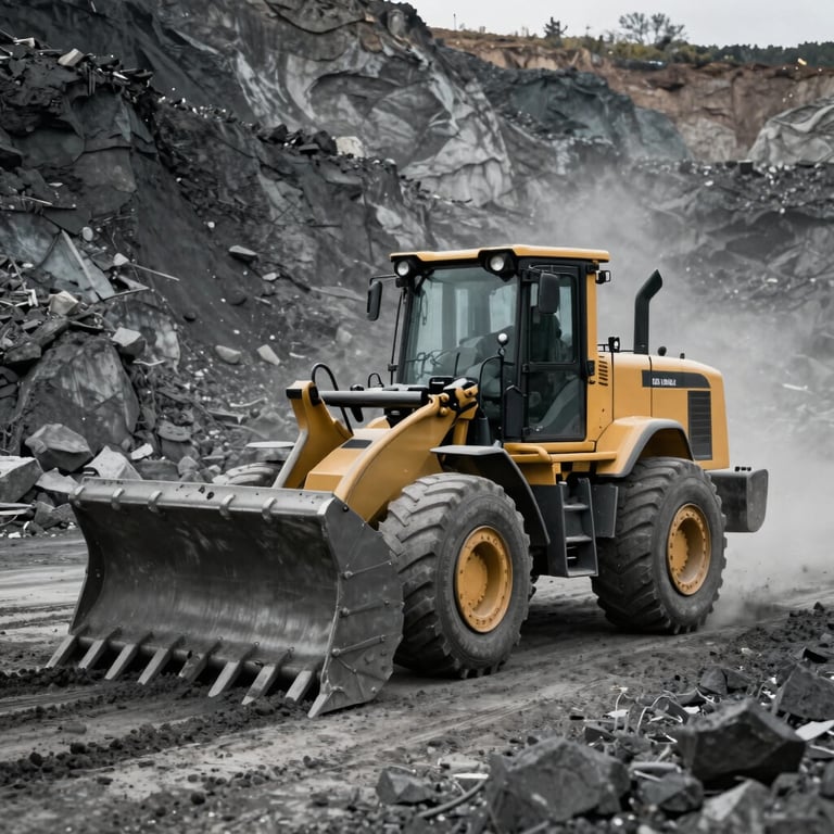 A heavy Caterpillar wheel loader moving earth in a quarry, charcoal and light grey dust environment.