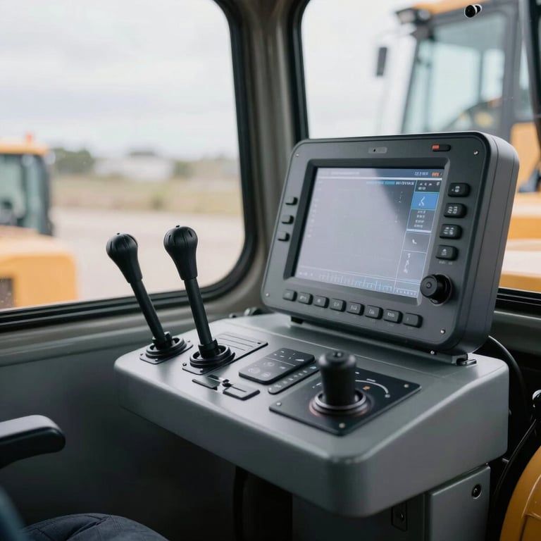 Interior detail of a modern heavy machinery cabin, high-tech control joysticks and clean display.
