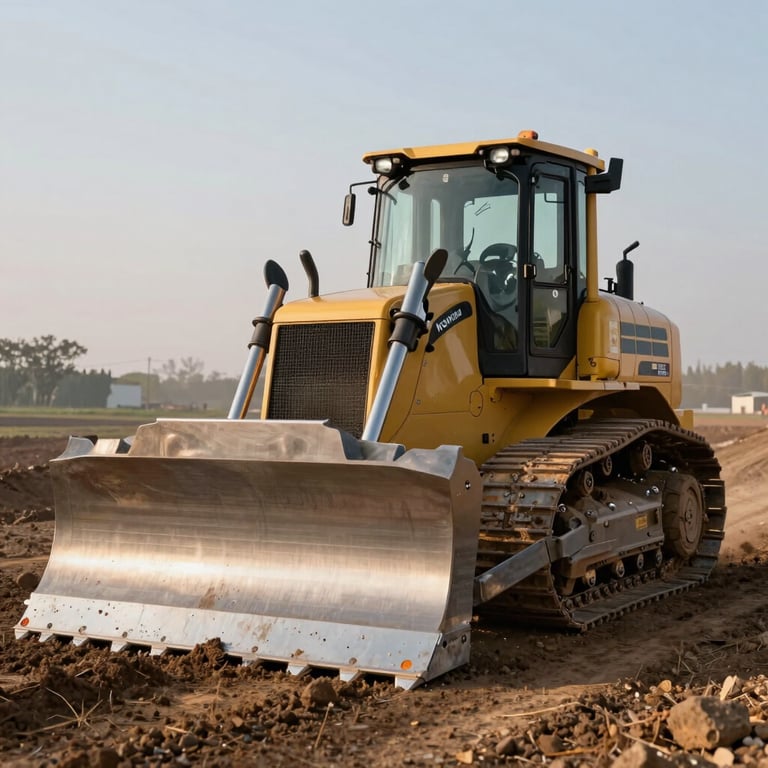 Komatsu bulldozer clearing terrain, powerful presence, morning sunlight on metallic body.