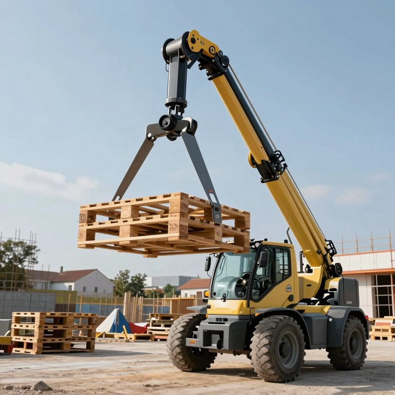Manitou telehandler lifting pallets on a construction site in Prague, sharp focus, professional B2B style.