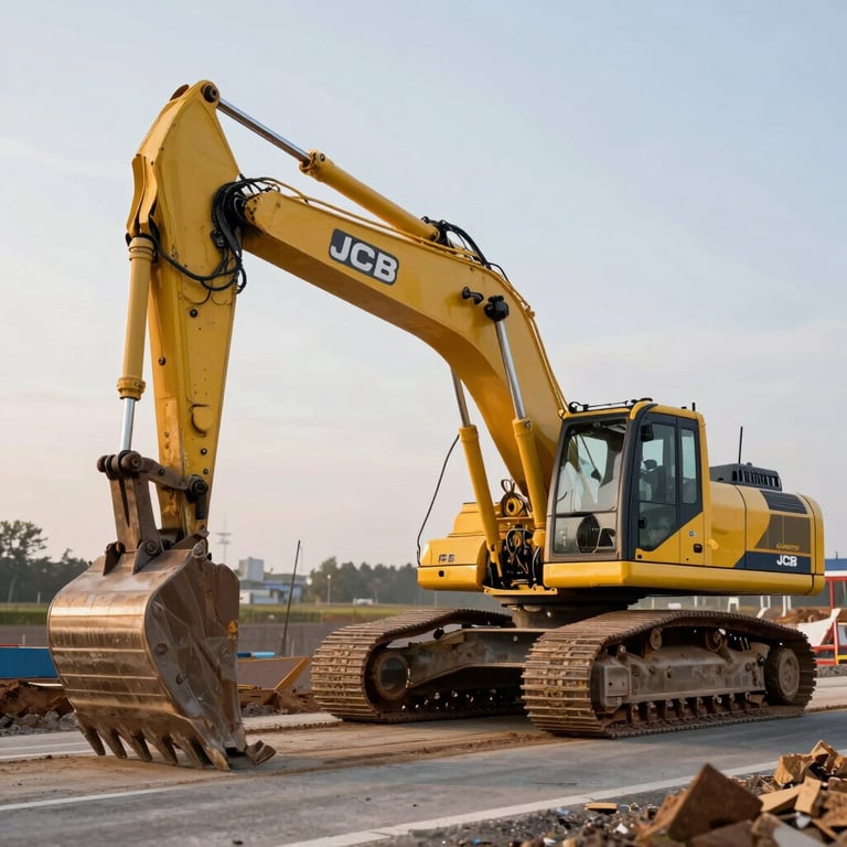 JCB excavator working on a Central European road construction project, side view, industrial lighting.