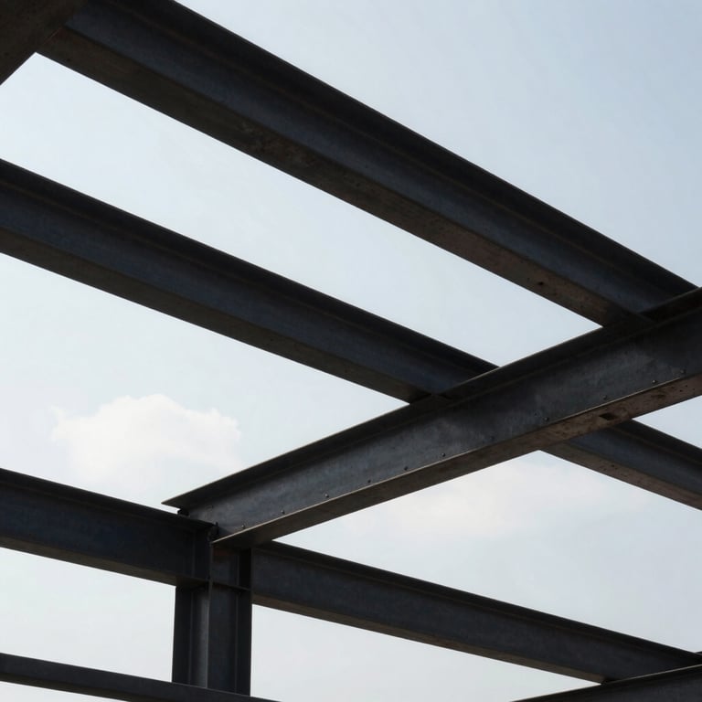 Abstract shot of steel roofing beams and architectural framing against a bright New York City sky.