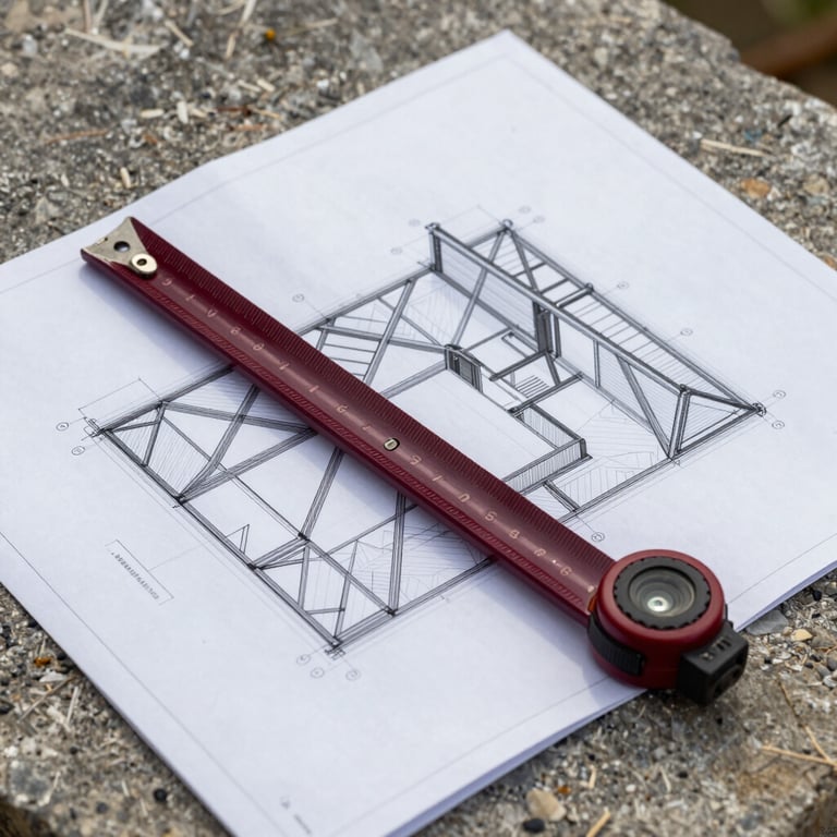 Architectural blueprint of a roof framework laid on a stone surface with a deep red measuring tool, representing precision.
