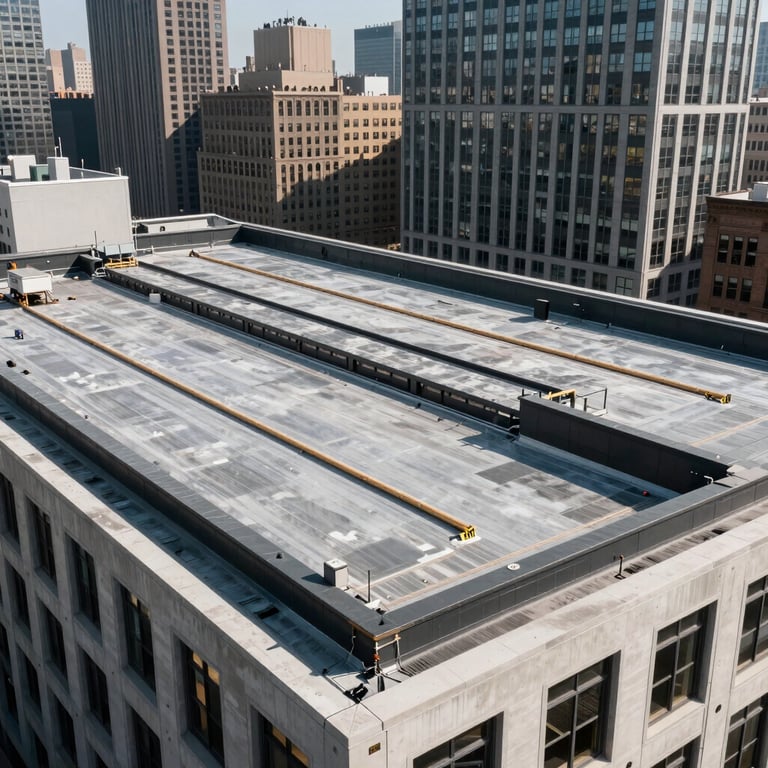 A wide shot of a modern NYC industrial building showing a newly completed flat roof replacement system.