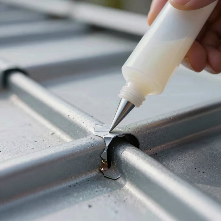 Macro shot of waterproof structural sealant application on a metal roof seam, emphasizing high-end protection.