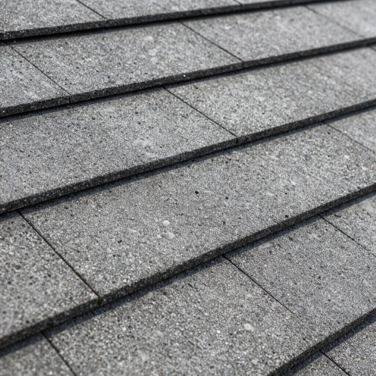 Detail photography of high-durability roofing shingles with a textured concrete gray finish and precise alignment.