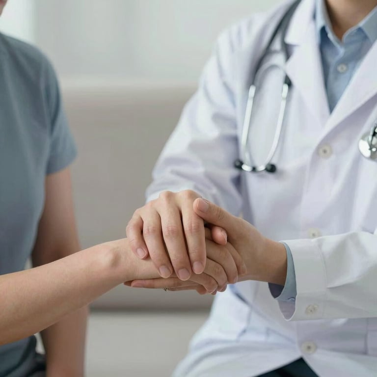 A compassionate healthcare provider gently comforting a woman in a softly lit clinic room.