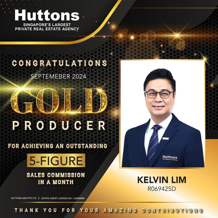 Huttons Singapore real estate agent Kelvin Lim celebrated as a Gold Producer for September 2024 sales performance.