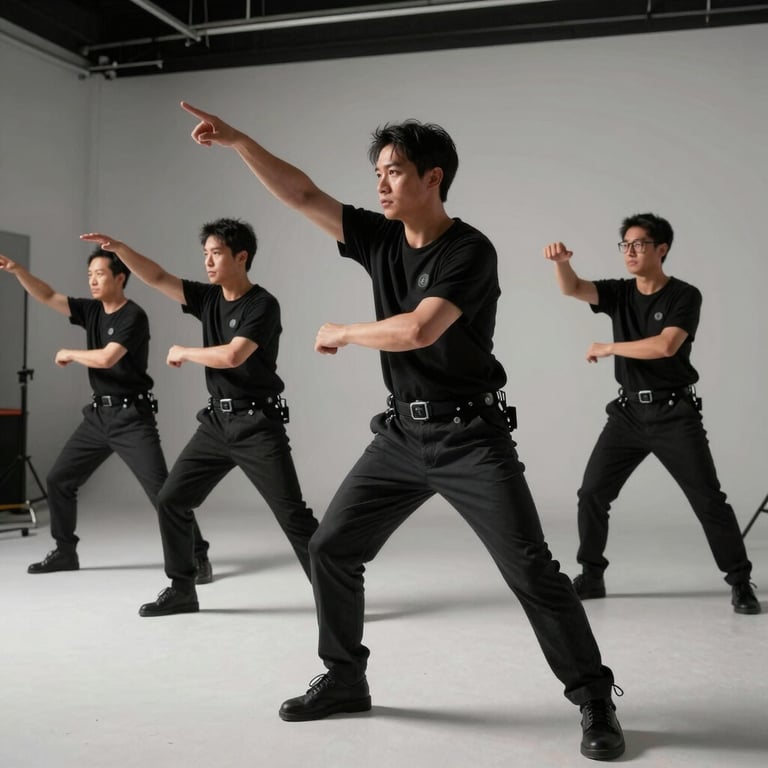 A motion capture actor in a professional studio setup with sensors, performing a dynamic action sequence.