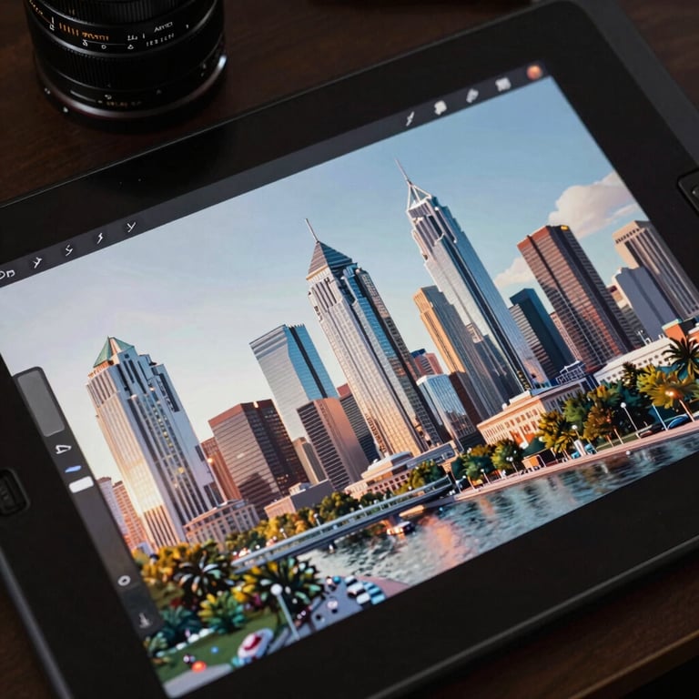 An artistic concept drawing of a futuristic North American city displayed on a professional graphics tablet.
