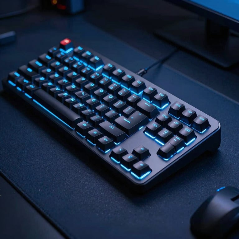 A detailed shot of a high-tech gaming keyboard with soft bright blue backlighting in a dark navy room.
