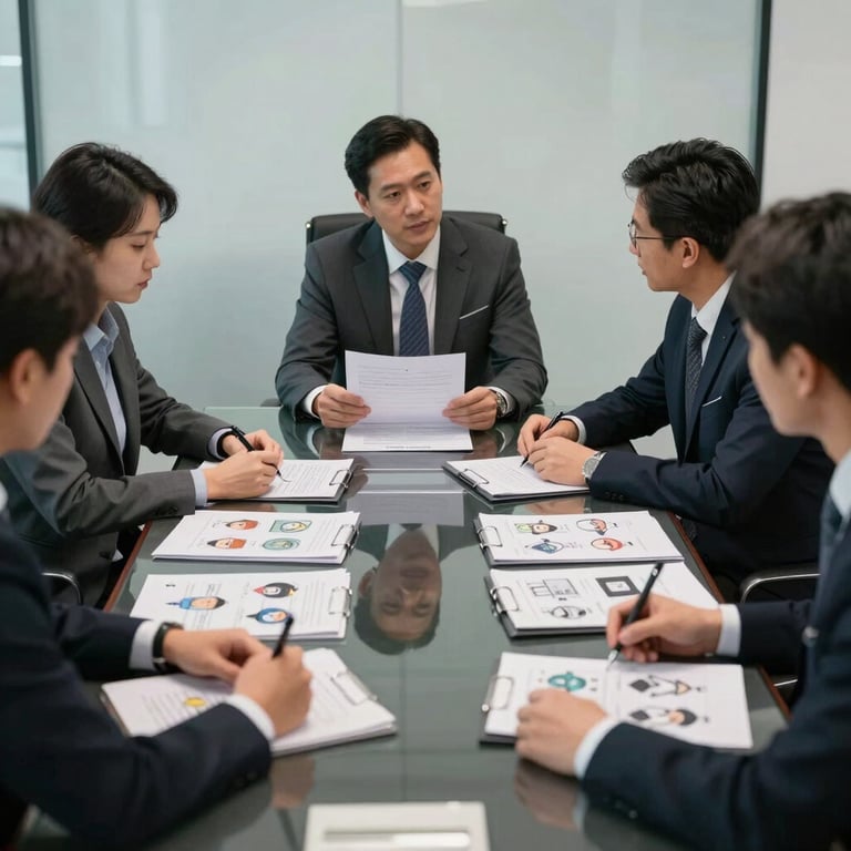 A sleek conference room in a US office where a team discusses character design documents on a glass table.