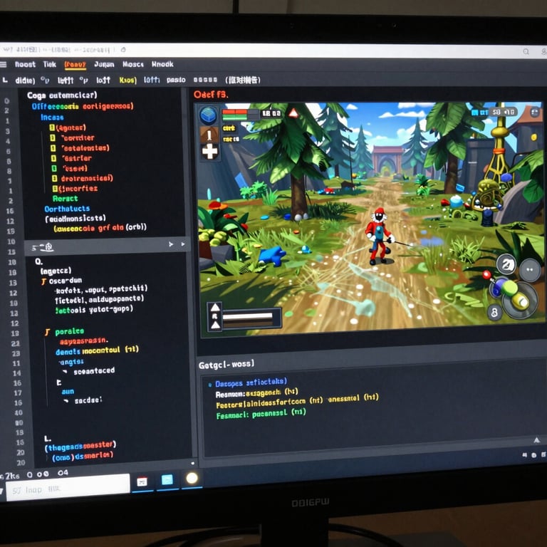 A close-up of a high-resolution computer screen showing complex game code and a 3D environment render.