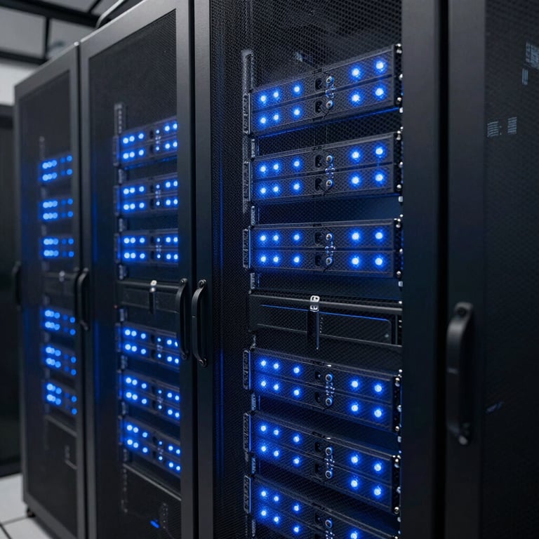 The glow of server racks in a secure data center, lit with visionary bright blue LED indicator lights.