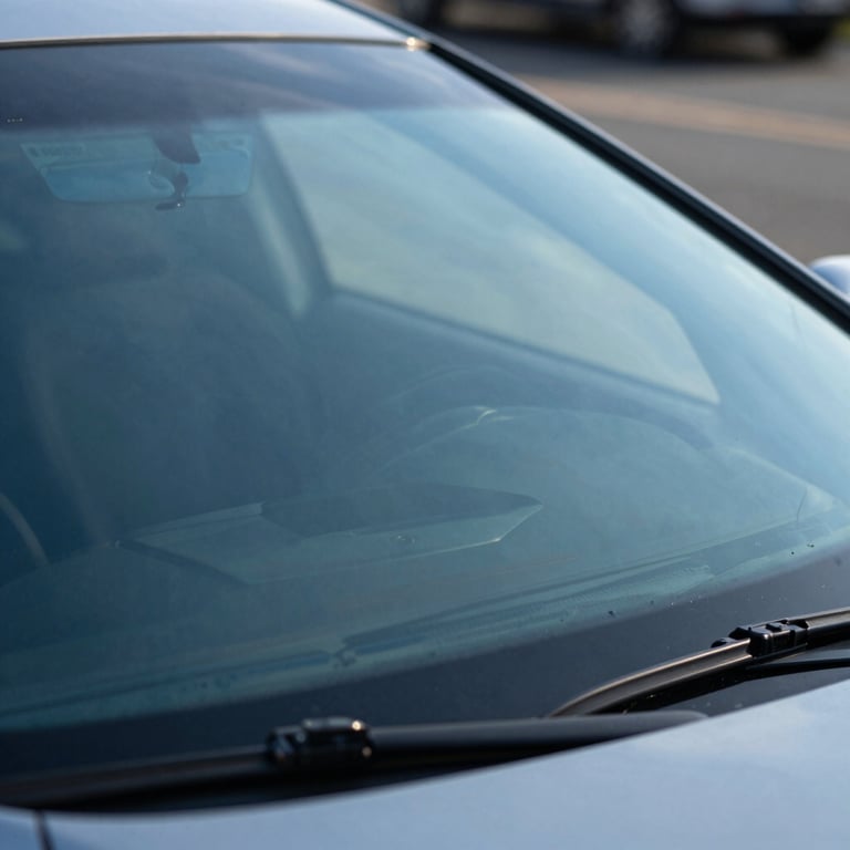 Detail of a clean, newly installed windshield reflecting the clear blue sky.