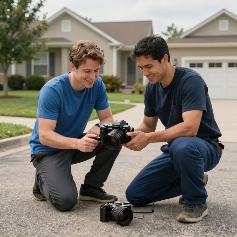 A happy customer and a technician reviewing a repair on a residential driveway in a US suburb.