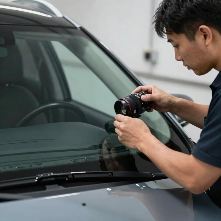 A professional technician meticulously aligning a new windshield on a modern SUV.