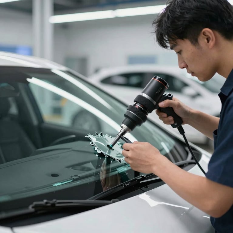 A technician using a specialized tool to safely remove a damaged windshield in a modern facility.