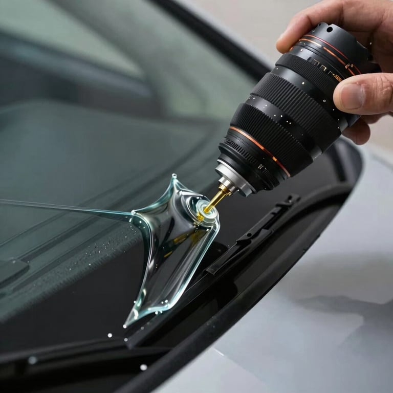 Close-up of a windshield chip being filled with professional resin, highlighting clarity and precision.