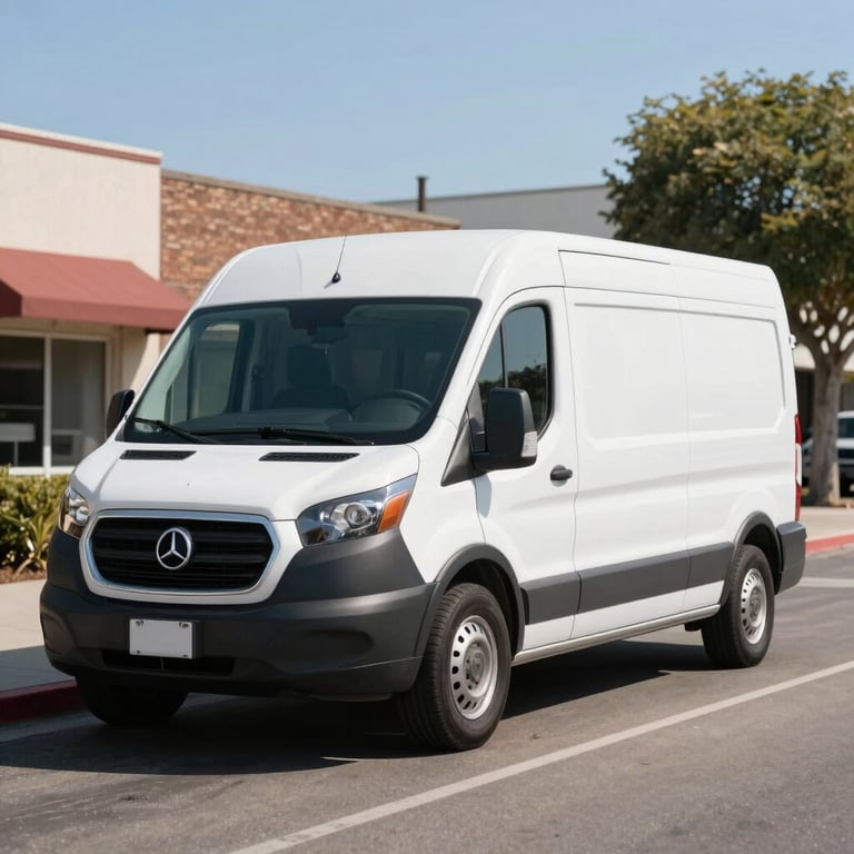 A branded mobile glass repair van parked on a sunny North American street, clean and modern aesthetic.