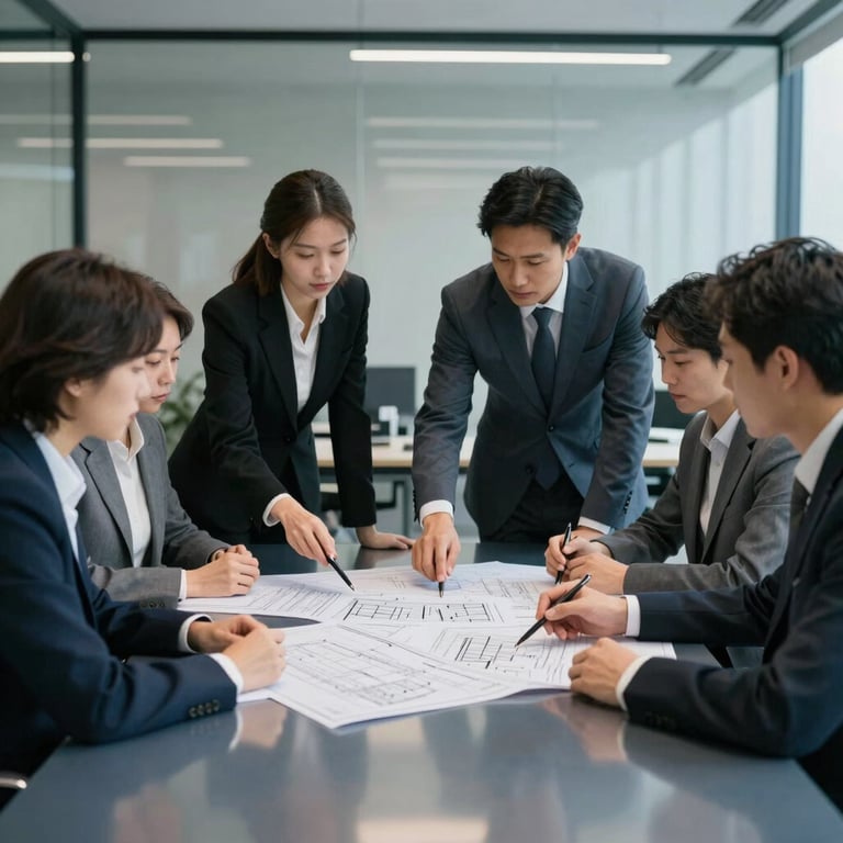 A sleek, professional office meeting room where consultants are reviewing blueprints on a large steel blue table.