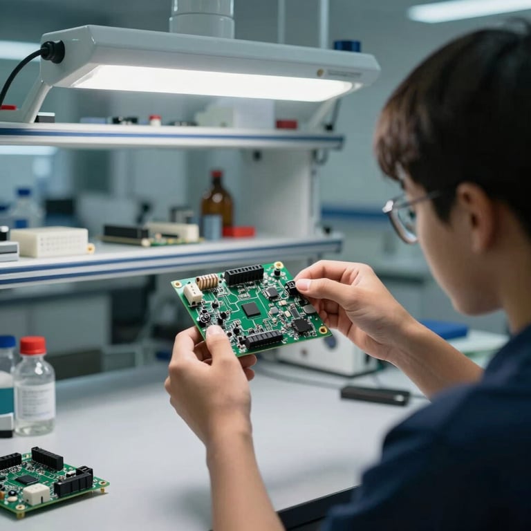 An over-the-shoulder shot of a student examining a physical circuit board under bright, innovative laboratory lighting.