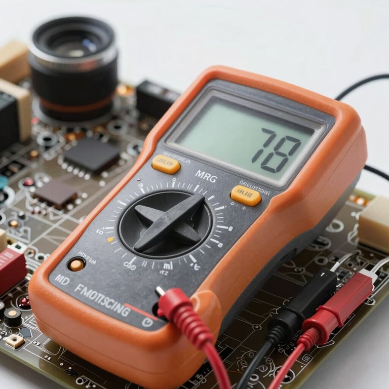 A close-up of a digital multimeter measuring a component on a motherboard, emphasizing precision and clarity.