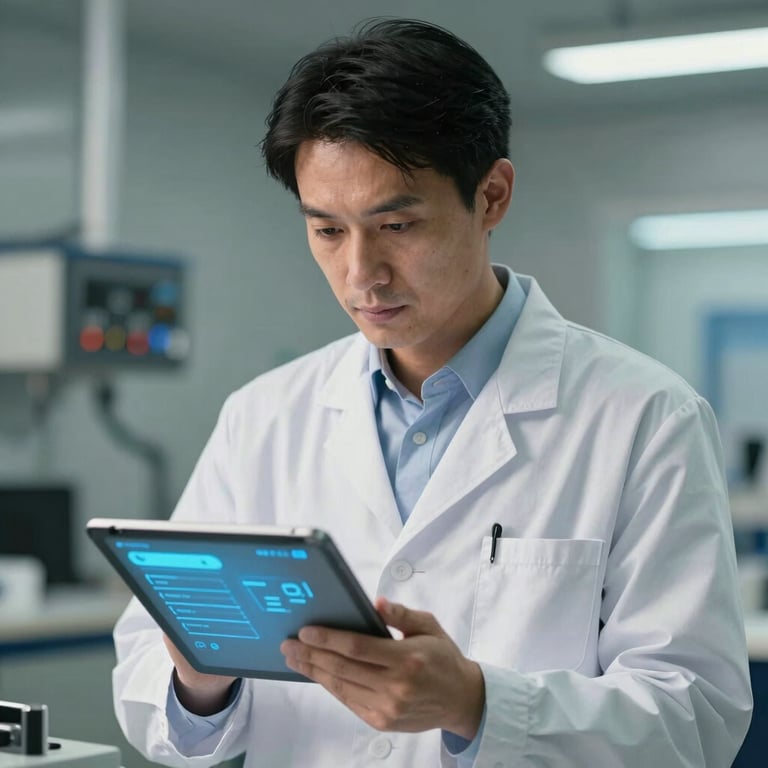 A portrait of a male electrical engineer in a clean white lab coat looking at a digital tablet with sky blue interface elements.