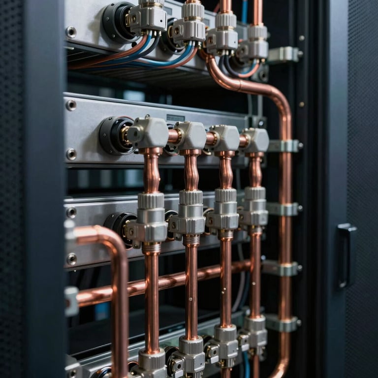 A macro photograph of high-tech copper conduits and wiring in a dark navy industrial server room.