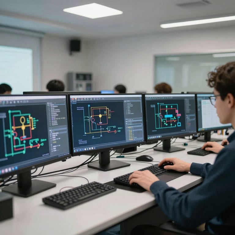 A wide shot of a modern classroom with multiple computer monitors displaying advanced electrical engineering software.