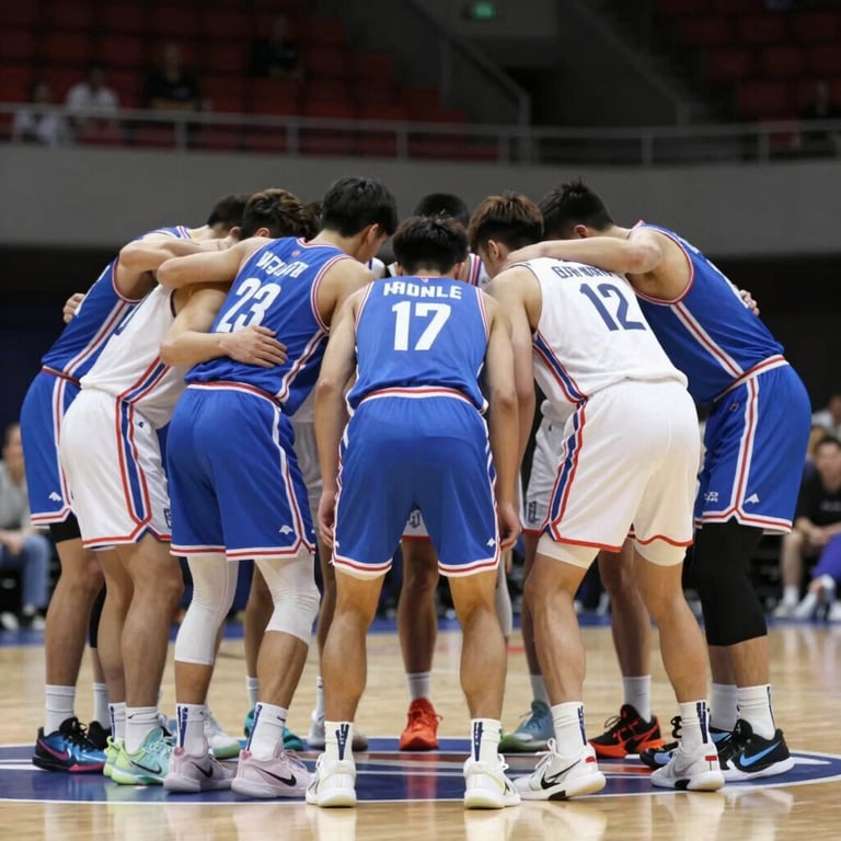 A team huddle on the court, players in blue and white kits, viewed from a low angle to evoke strength and unity.