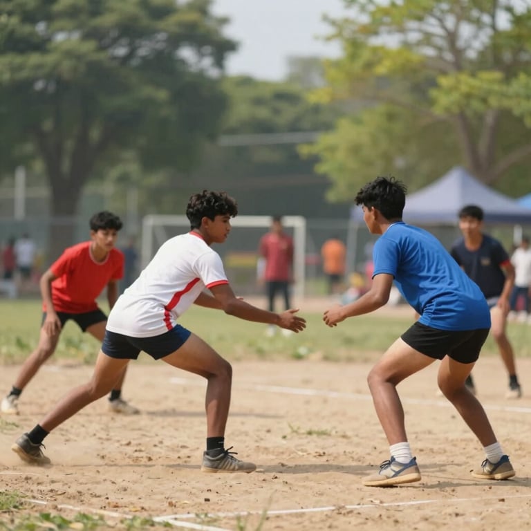 Youth Kabaddi players participating in a development camp in a Brampton park during a bright, sunny day.