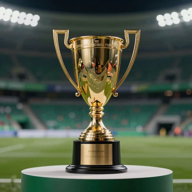 A gold championship trophy (#F5A623) on a podium with an out-of-focus stadium background and dramatic lighting.