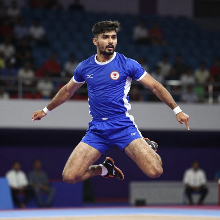 Action shot of a Kabaddi raider in mid-air, intense focus, wearing a royal blue jersey, indoor arena lighting.