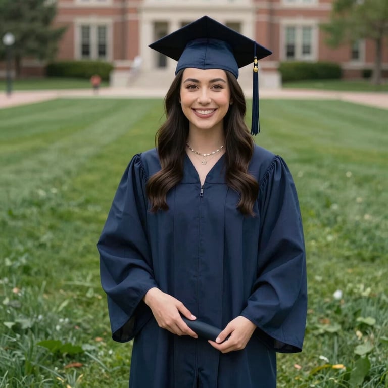 A happy graduate in a midnight navy gown holding a diploma on a green campus lawn, North American / US.