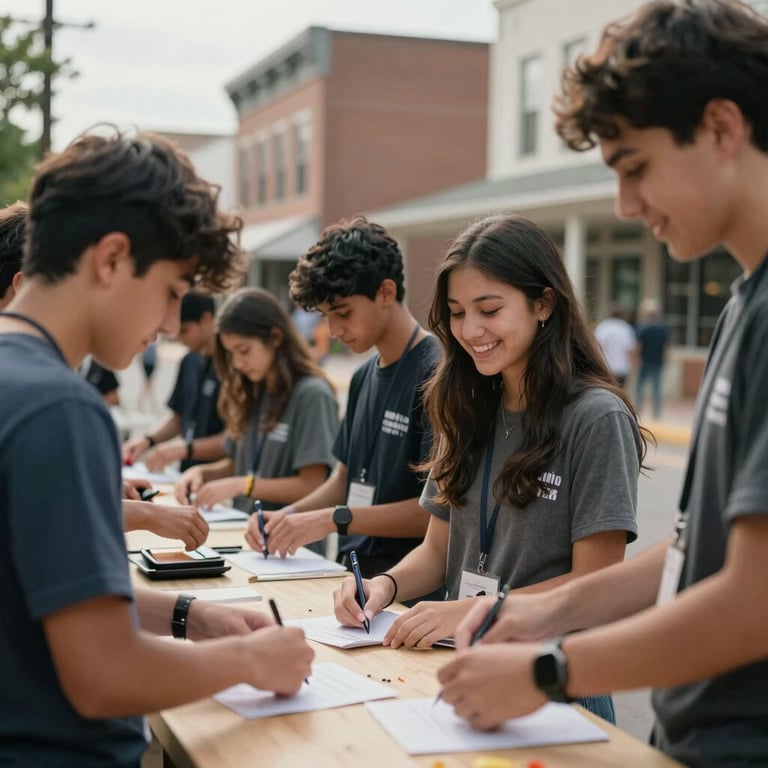 Students engaged in a community service project in a local North American / US town, smiling and working together.